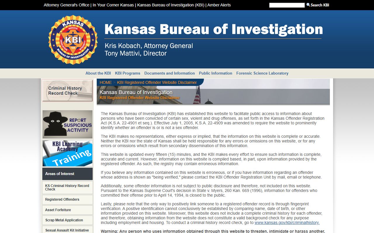 Woodson County arrest records and Kansas offender registry disclaimer