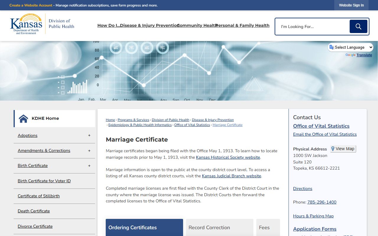 Woodson County marriage records KDHE marriage certificate page
