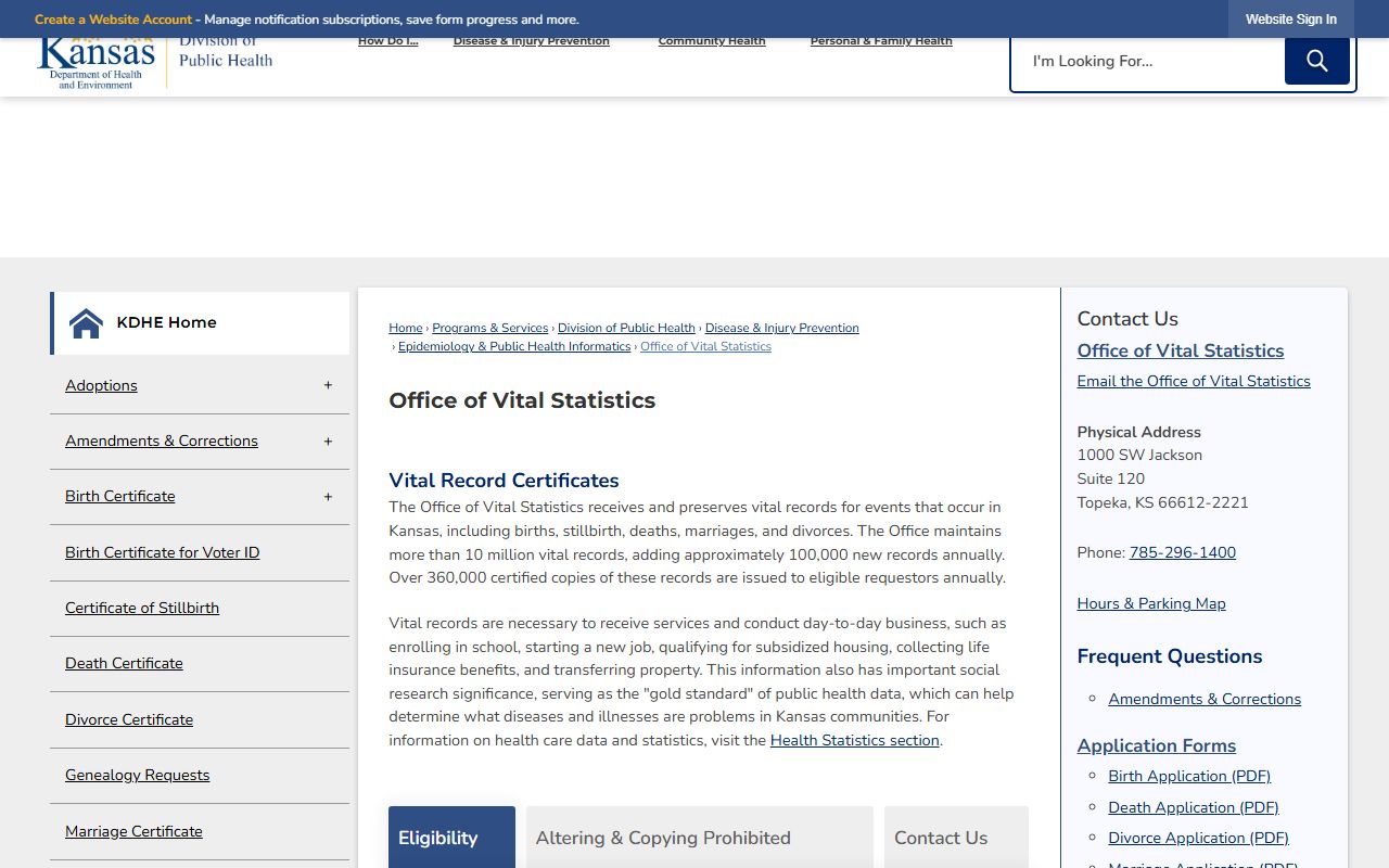 Woodson County marriage and divorce records KDHE vital statistics page