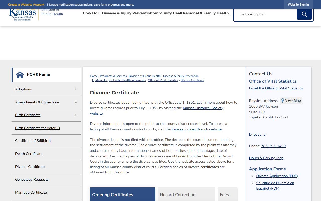 Woodson County divorce records KDHE certificate and decree distinction